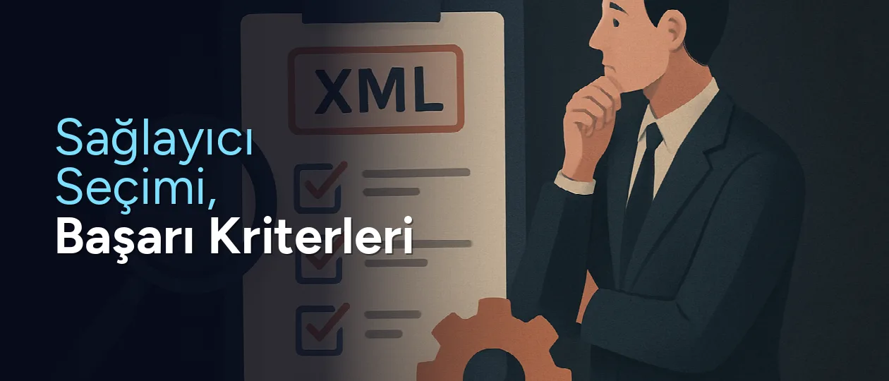 Doğru XML bayilik sağlayıcısını seçme kriterlerini gösteren bir görsel. Güvenilir bir iş ortağı bulmanın önemini vurguluyor.